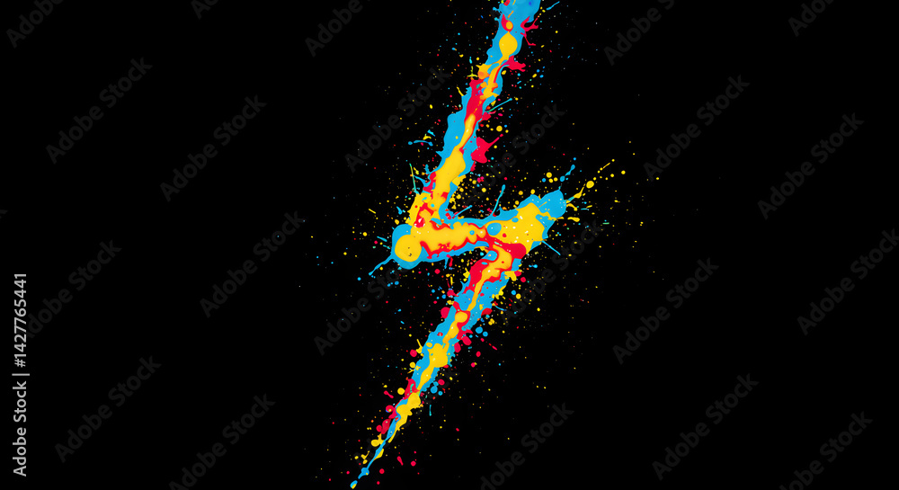 Obraz premium Splattered Lightning Bolt Symbol Against Black Backdrop in Vivid Colors