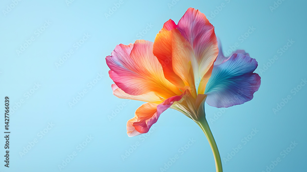 Fototapeta premium Vibrant Tulip Bloom: A stunning macro shot of a tulip, its petals awash in a rainbow of colors against a cool blue background, showcasing the beauty of nature and floral art.