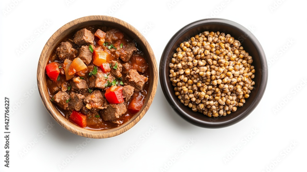 Delicious beef stew with paprika and roasted vegetables served with grain red top food meal home bowl Delicious beef stew with paprika and roasted vegetables served with grain red top food meal home bowl