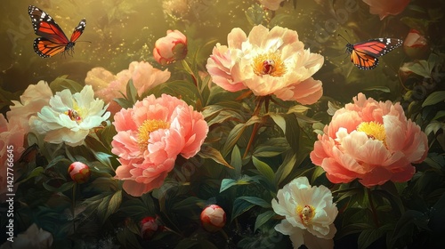 A vibrant arrangement of blooming pink and white peonies set against a dark background.
