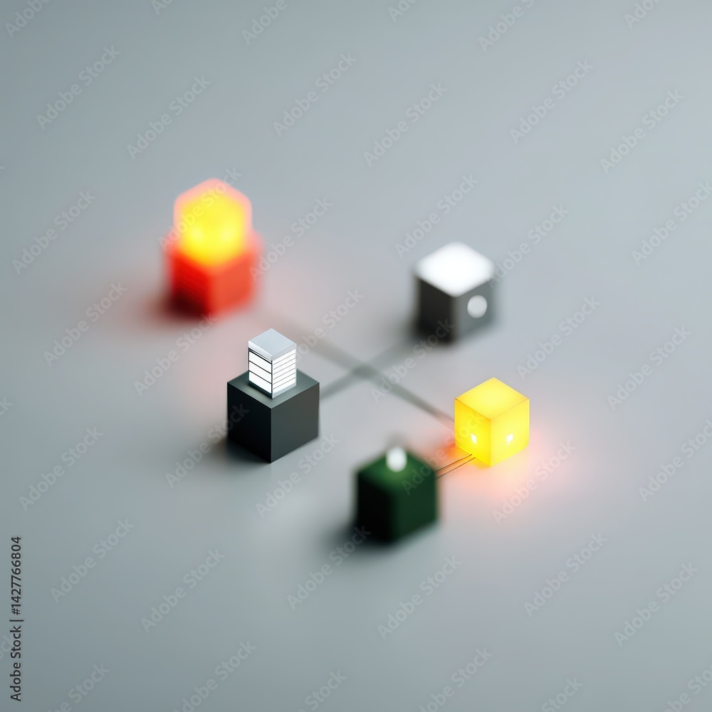 Abstract isometric tech city with business icons and glowing connections Abstract isometric tech city with business icons and glowing connections