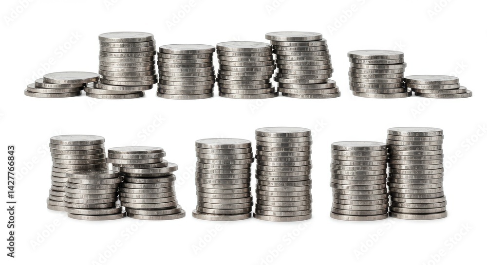 Stacks of silver coins arranged in two rows on a white background displaying financial growth concept Stacks of silver coins arranged in two rows on a white background displaying financial growth concept