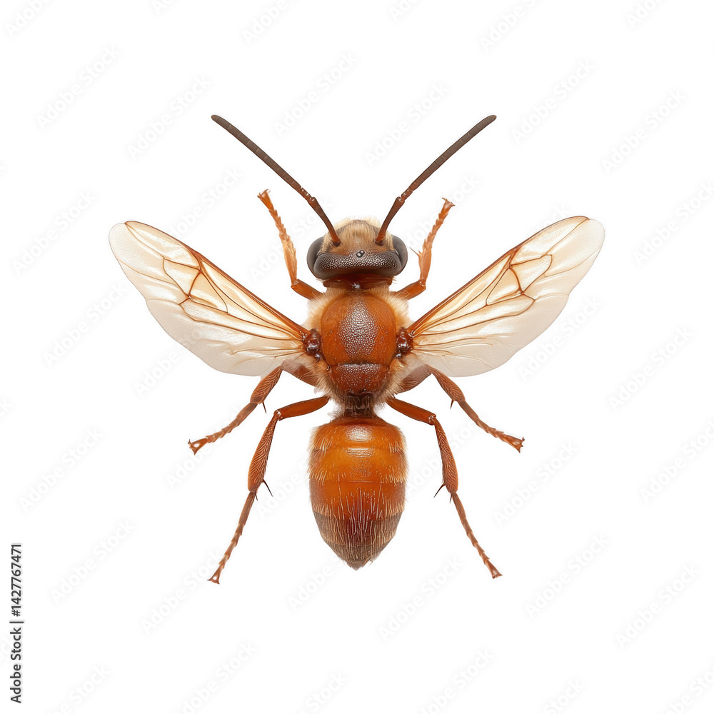 Fototapeta premium A close-up of a winged ant with translucent wings and a reddish-brown body. The ant is isolated against a white background and is captured from above with its wings spread.