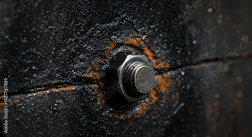 Metal Fastener Securing Weathered Dark Material in Industrial Setting