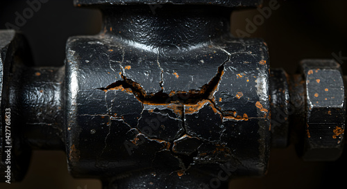 Industrial Plumbing Fixture Exhibits Ageing And Weathering Of Black Paint