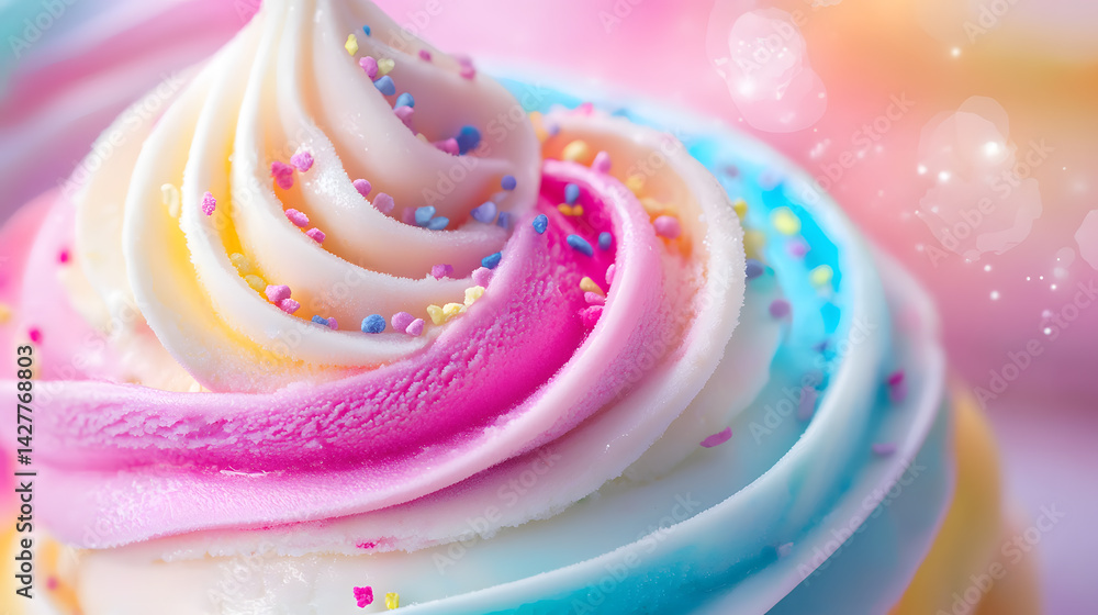 Dreamy Dessert: A close-up shot of a whimsical, pastel-colored cupcake with multi-colored frosting. Delicate sprinkles add a touch of magic. Dreamy Dessert: A close-up shot of a whimsical, pastel-colored cupcake with multi-colored frosting. Delicate sprinkles add a touch of magic.
