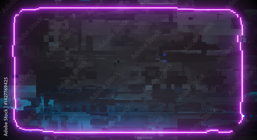 Obraz premium Futuristic Digital Display Neon Frame Border With Glitch Background