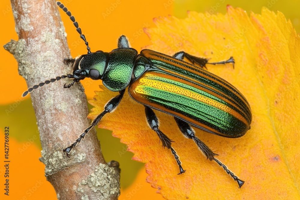 Fototapeta premium Close-up of a metallic green and gold beetle on a branch and leaf.