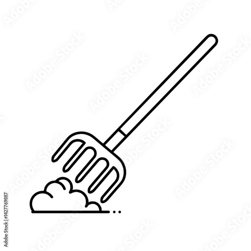 Gardening rake digging into soil in minimalist style  