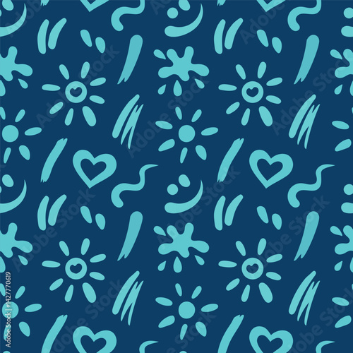 Strokes of sunscreen cream seamless pattern. Texture of lotion, spray, oil, toothpaste smudges. SPF cosmetic products touches. Sun, heart, smile, blob smears shapes. Vector illustration. Flat design