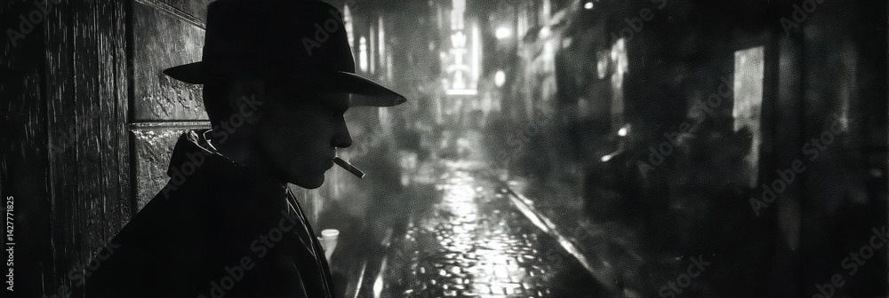 Fototapeta premium Man in hat smoking in dark wet street at night monochrome.
