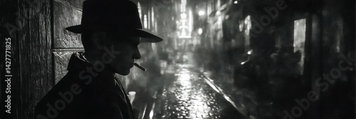 Man in hat smoking in dark wet street at night monochrome.