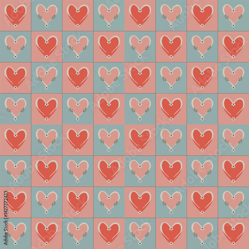 Charming seamless pattern featuring alternating red and pink hearts in a retro grid style, ideal for Valentine’s or romantic themes.
