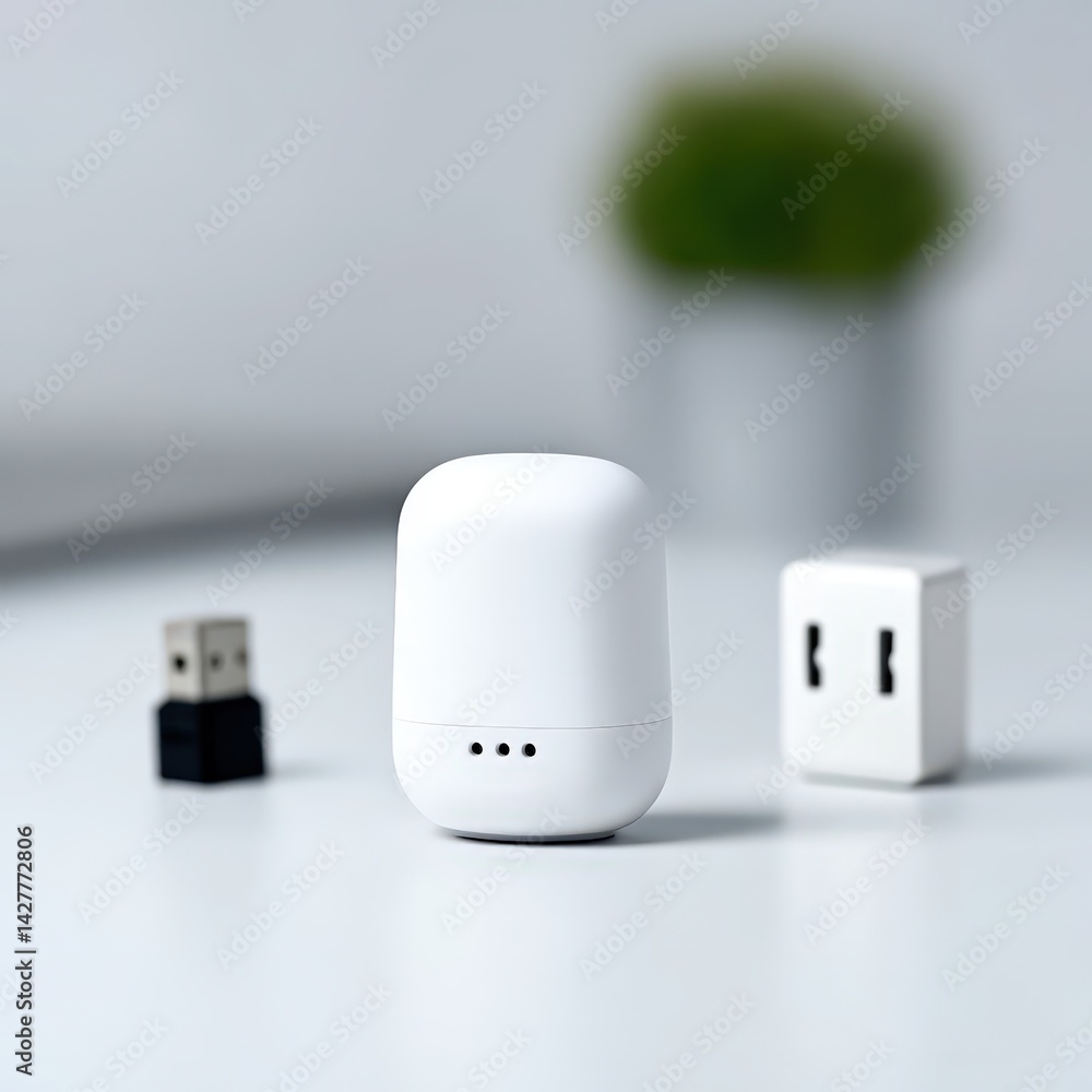 IoT devices surrounding business desk, clean corporate environment