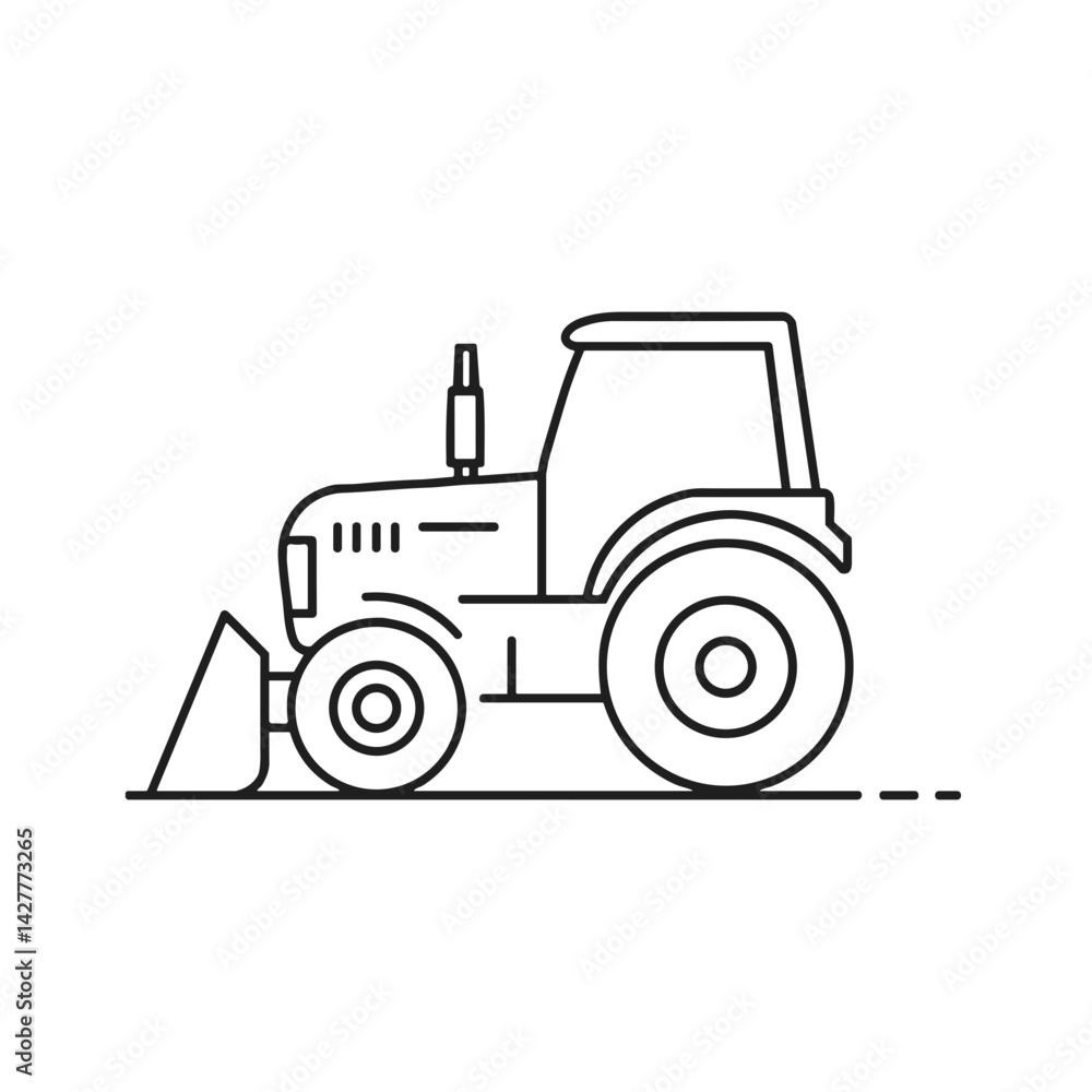 Fototapeta premium Line Art Tractor with Front Loader on White Background
