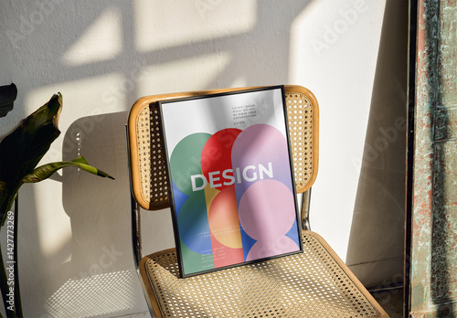 Mockup Of Customizable Framed Print On Retro Chair