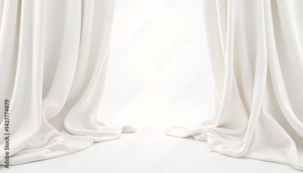 3D Abstract ivory drapes, flowing elegantly, silky textures, pristine white setting. 3D Abstract ivory drapes, flowing elegantly, silky textures, pristine white setting.