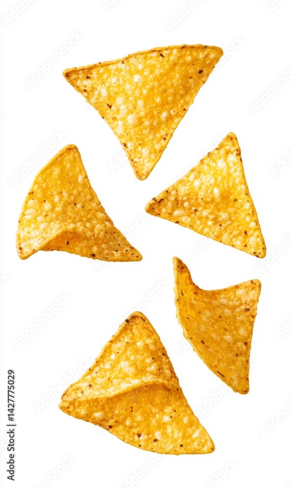Crispy, triangular tortilla chips arranged in a dynamic pattern against a white background. The chips exhibit a golden-yellow hue, with visible texture and seasoning Crispy, triangular tortilla chips arranged in a dynamic pattern against a white background. The chips exhibit a golden-yellow hue, with visible texture and seasoning