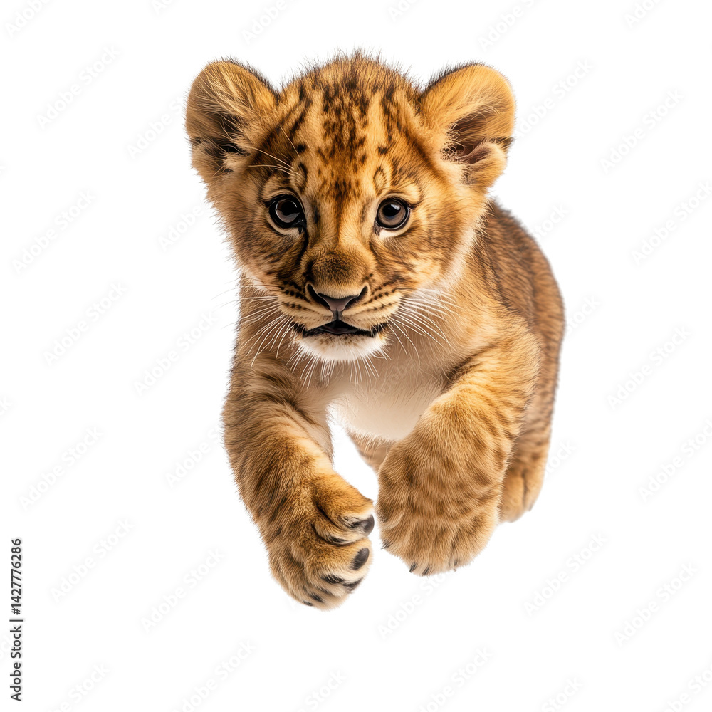 Lion cub running isolated on white background. Lion cub running isolated on white background.