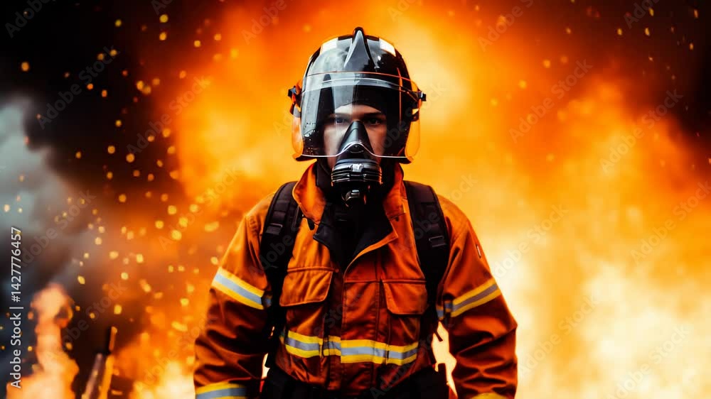 Fire-fighting with showcasing a fire effect, a firefighter in full uniform, fireproof clothing, personal protective equipment, and an oxygen cylinder. Fire-fighting with showcasing a fire effect, a firefighter in full uniform, fireproof clothing, personal protective equipment, and an oxygen cylinder.