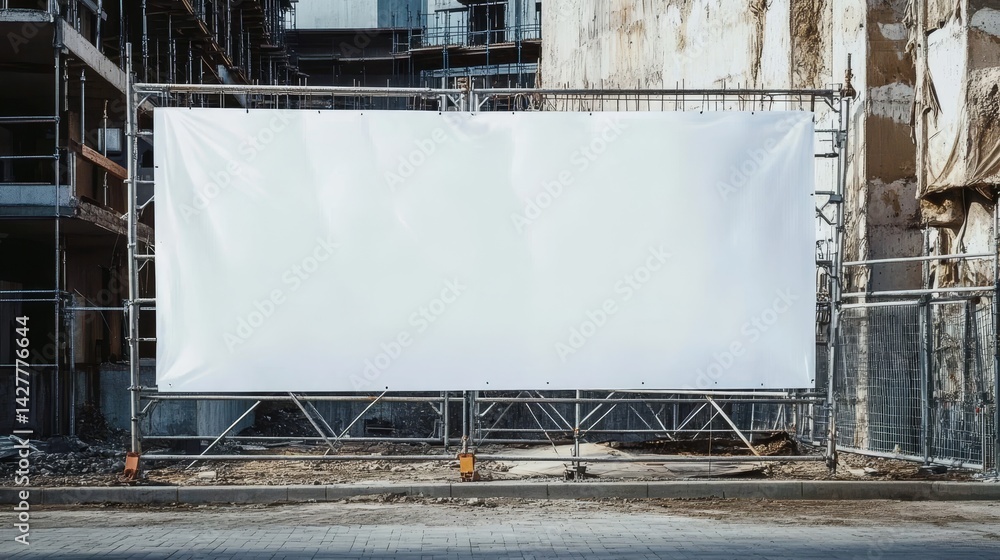 Blank White Billboard at Construction Site Scaffolding, Urban Setting, Mockup Construction, Billboard