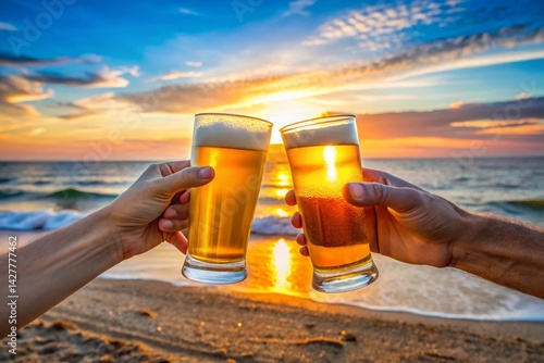 Two people are holding up glasses of beer on a beach at sunset