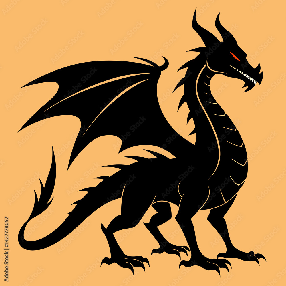 Fototapeta premium Dragon silhouette vector illustration on yellow background. 