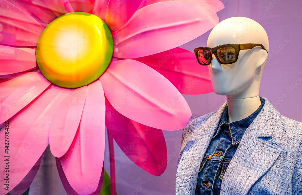 Stylish mannequin displaying fashion against a vibrant flower backdrop in a shop in Austria with trendy sunglasses on a sunny day