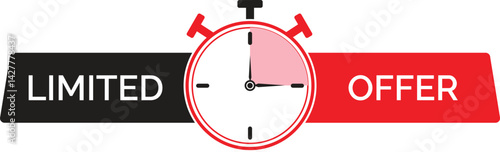 Limited offer label with stopwatch icon in red and black colors on white background for sale use	
