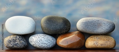 Six Smooth River Stones Composition Close-up, Macro Photography, Zen Concept, River Rocks, Nature. River Stones, Zen Garden