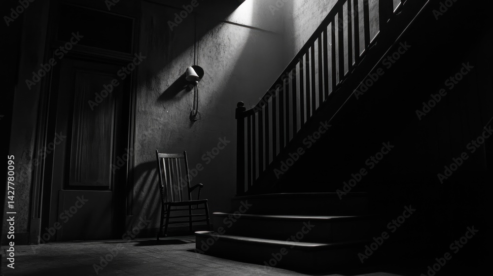 Fototapeta premium Interior shot of a dimly lit, vintage hallway with stairs.