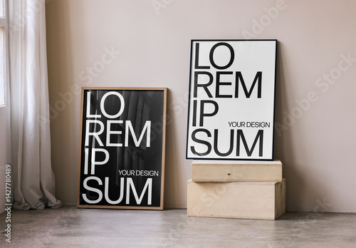 Mockup Of Two Customizable Framed Prints Leaning Against Wall
