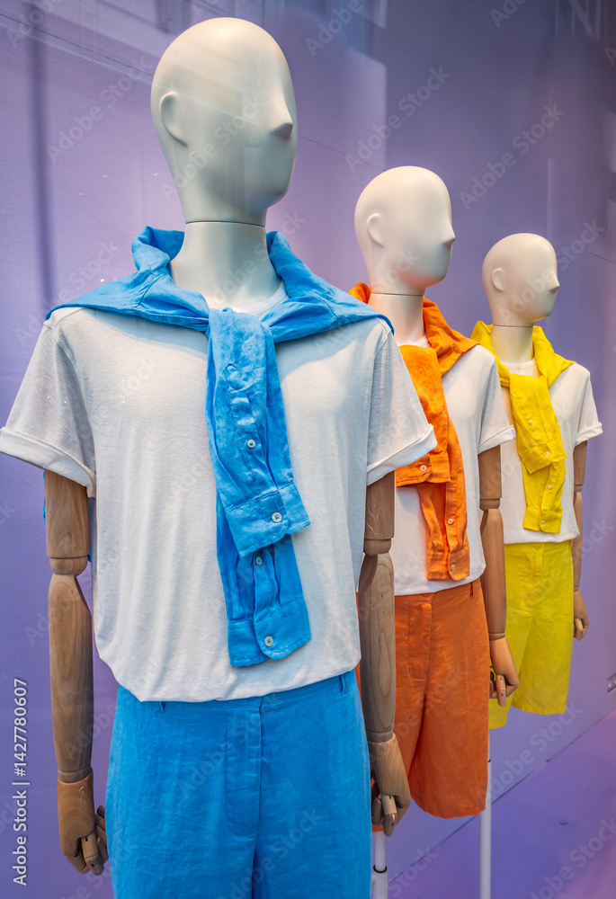 custom made wallpaper toronto digitalStylish mannequins dressed in colorful summer attire displayed in a shop window, showcasing trendy fashion choices and vibrant hues