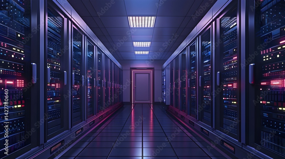 Fototapeta premium Expansive Server Room with Organized Racks in a Futuristic Technology Data Center