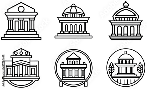 Minimalist Architectural Buildings, Classic Pillars and Domes, Vector Design