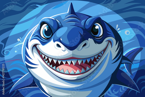 Funny Great White Shark in blue ocean. Underwater vector. Predator hunting near water surface illustration