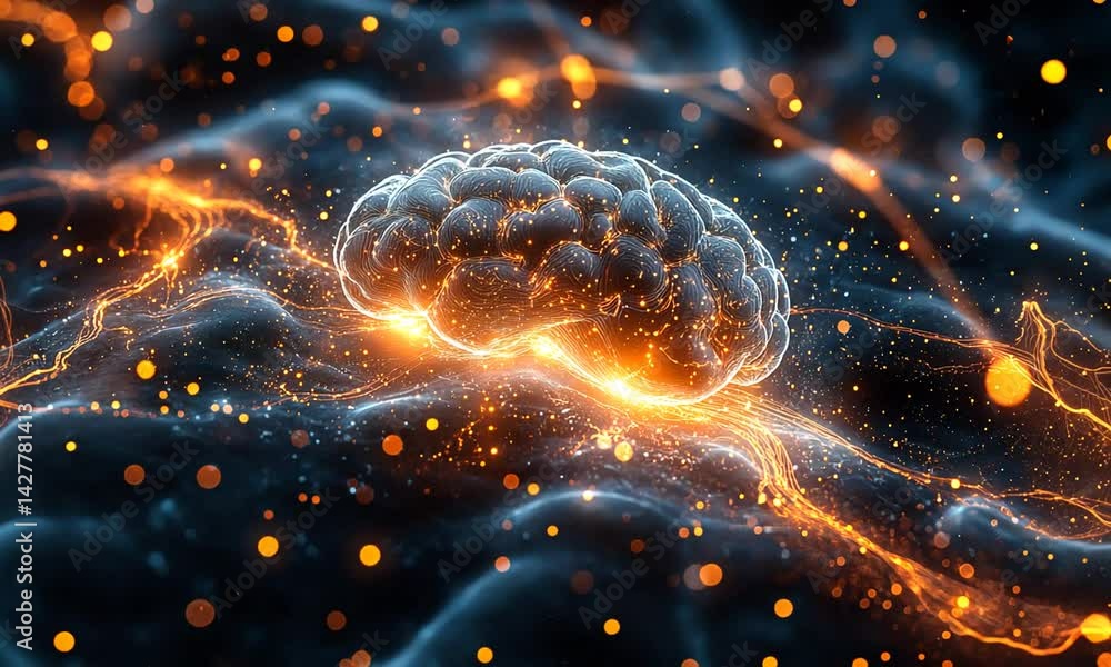 Abstract representation of a glowing brain amidst vibrant neural connections and energy waves Abstract representation of a glowing brain amidst vibrant neural connections and energy waves
