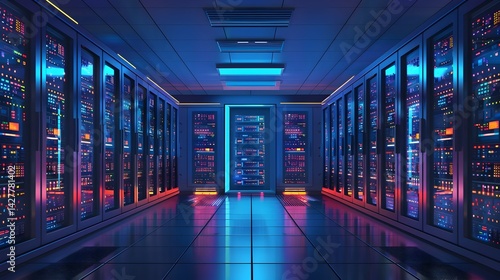 Vast Server Room With Rows of Glowing Computer Hardware and Network Equipment in a Futuristic Digital Data Center