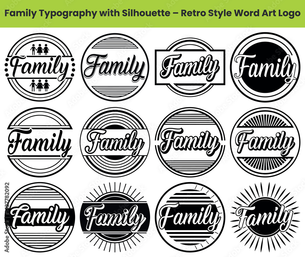 Obraz premium Twelve black family typography icons in retro style design collection on white layout