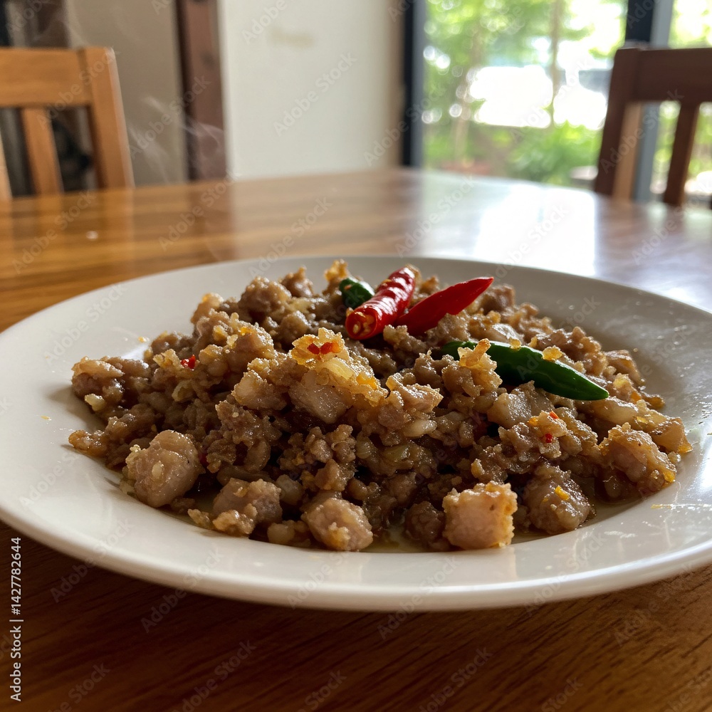A plate of sizzling sisig made with chopped pork and savory seasonings A plate of sizzling sisig made with chopped pork and savory seasonings