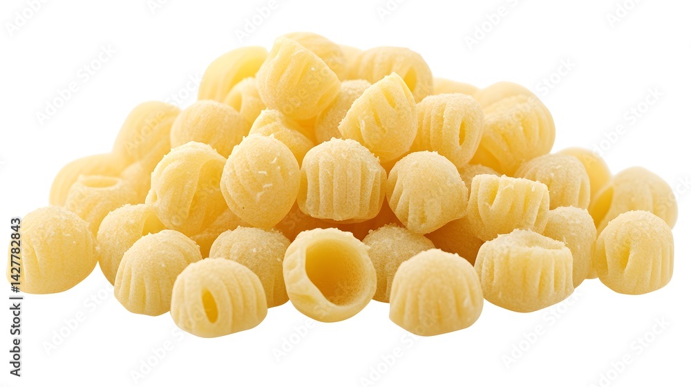 A close-up shot shows a pile of uncooked, small, yellow pasta pieces against a pure white background. A close-up shot shows a pile of uncooked, small, yellow pasta pieces against a pure white background.
