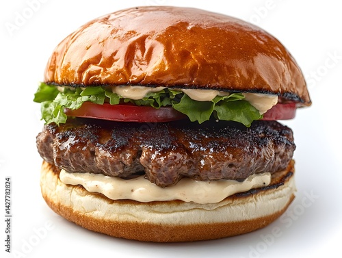 Wallpaper Mural A juicy grilled beef burger on a toasted bun with lettuce, tomato, and creamy sauce is perfectly presented. Torontodigital.ca