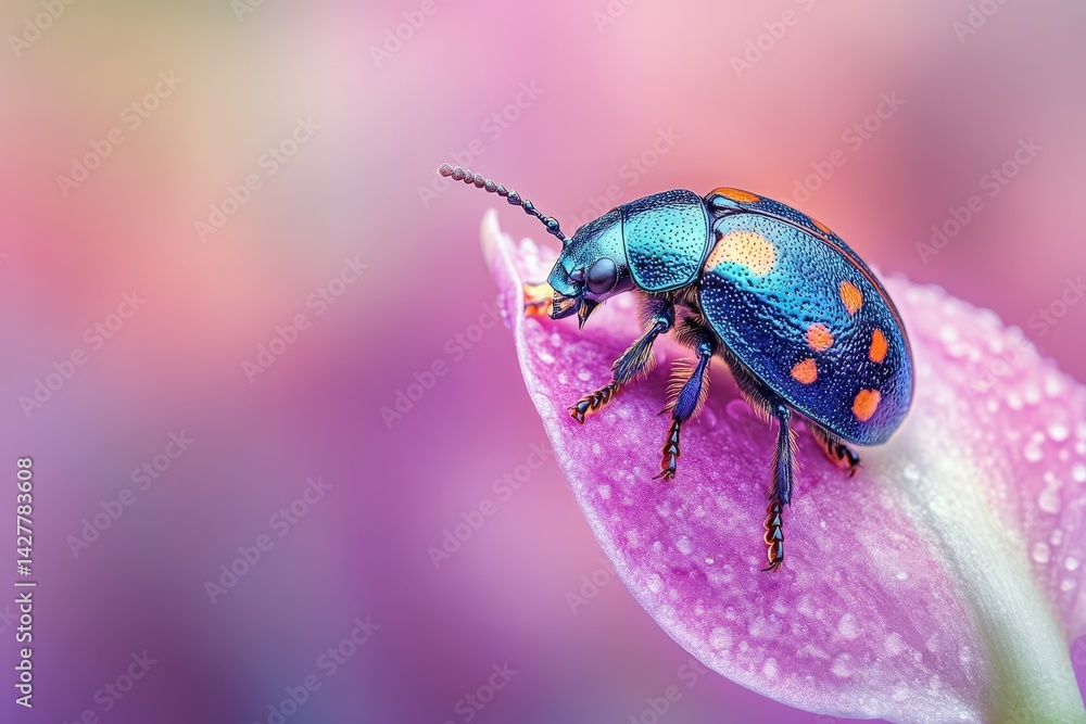 Fototapeta premium Vibrant iridescent beetle rests delicately on a dew-kissed petal.