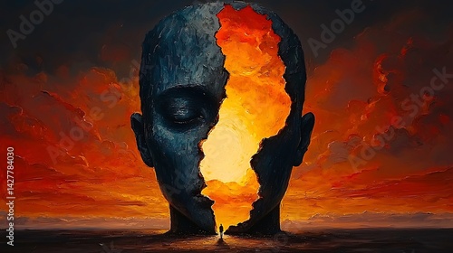 Contemplative transformation surreal landscape digital art dreamlike environment side view inner reflection