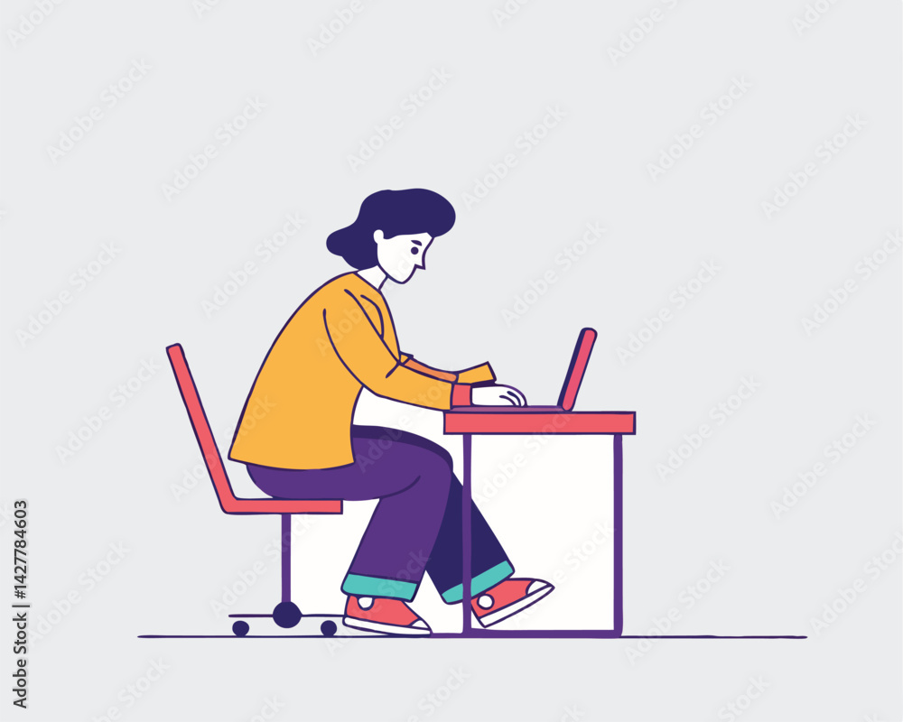 Fototapeta premium Young Woman Using Laptop – Modern Technology, Remote Work or Online Learning Concept, Simple Flat Illustration of Digital Lifestyle