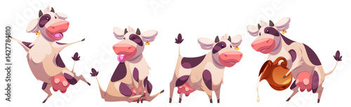 Cow funny mascot poses set - spotted cattle character pouring milk from clay pitcher, dancing joyful, standing smiling, sitting with stick out tongue. Humorous farm animals, dairy product design.