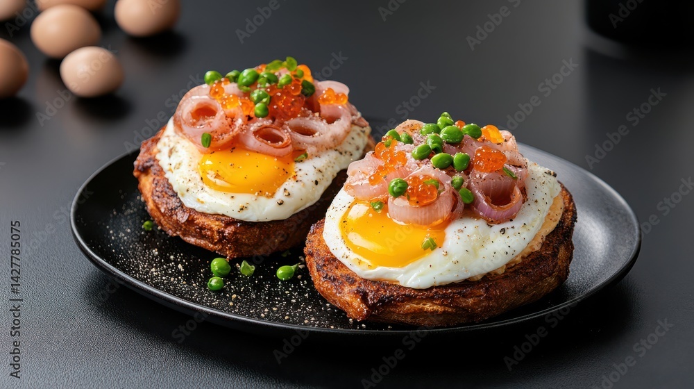 Delicious Breakfast Plate Featuring Eggs and Ham on a Black Serving Dish Delicious Breakfast Plate Featuring Eggs and Ham on a Black Serving Dish