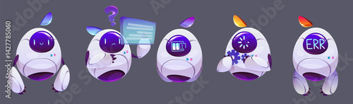 Chatbot AI character set - curious robot assistants. Quirky bots express confusion, show low battery, settings and error message. Friendly androids engage users, guide conversations, provide help.