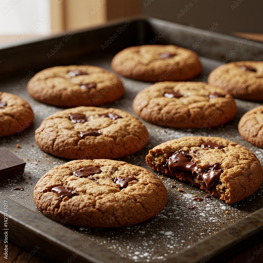 A tray of fresh chocolate chip cookies just out of the oven A tray of fresh chocolate chip cookies just out of the oven