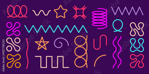 Spring coil and metaball shapes in bright neon colors on dark background. Set of vector flat illustration elements of spirals and curves, squiggles and loops. Colorful graphic symbols collection.